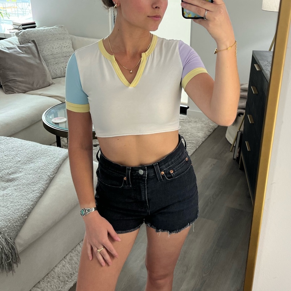 Shein Color Block Yellow Purple White Blue Cropped Short Sleeve T Shirt XS